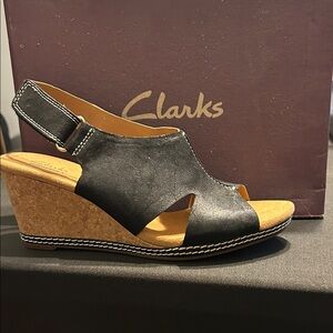 Clarks Black and Tan Wedge Sandals